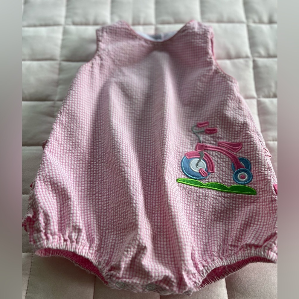 Claire & Charlie Pink Gingham 1pc Bubble Romper Bicycle Embroidery Sz 18 months